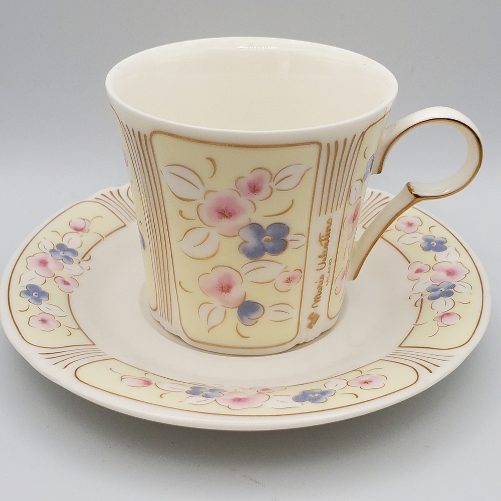MARIO VALENTINO Floral Porcelain Teacup and Saucer Set Designer Signed LIKE NEW